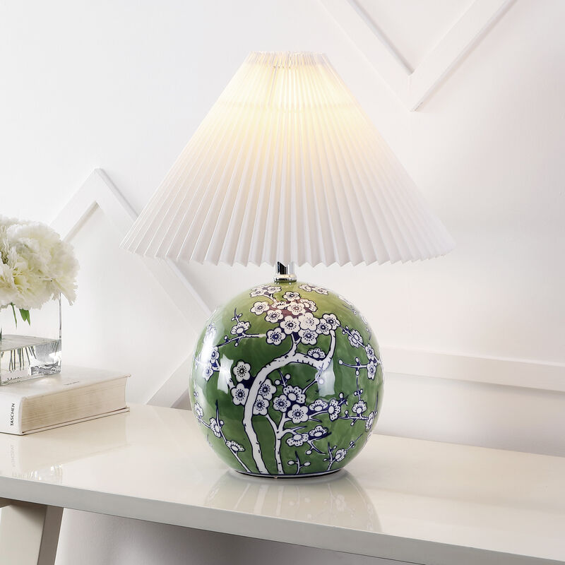 Shishen Cottage Classic Chinoiserie Ceramic Orb LED Table Lamp with Pleated Shade