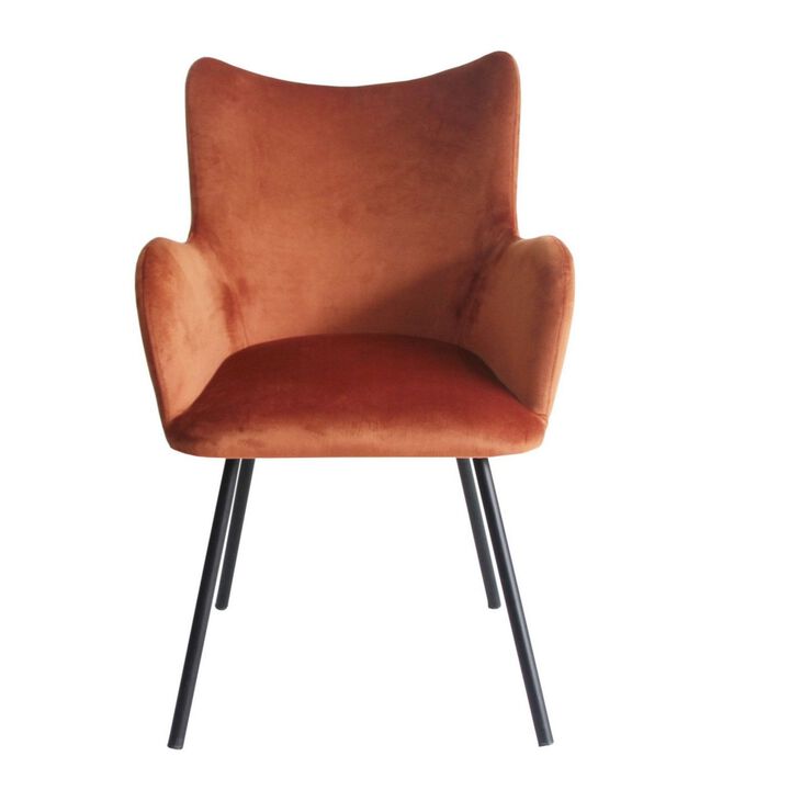 Cid 25 Inch Modern Dining Chair, Orange Velvet, Black Metal Legs-Benzara