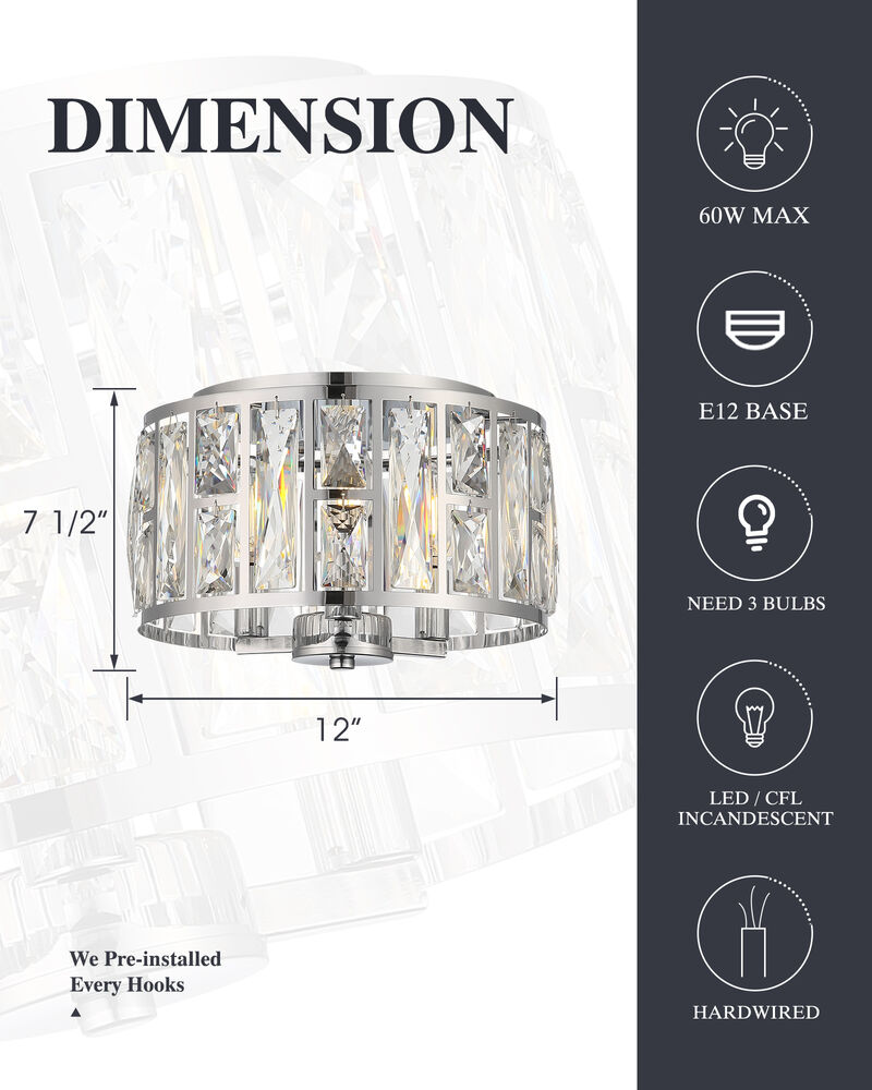 11.89 in Modern Glam 3-Light Dimmable Crystal Flush Mount Ceiling Light image number 2