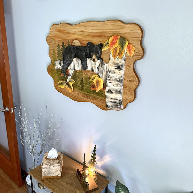 Bear Cub in Birch Forest Wood Wall Sculpture 24x34.5 Glossy Brown Indoor Decor image number 6
