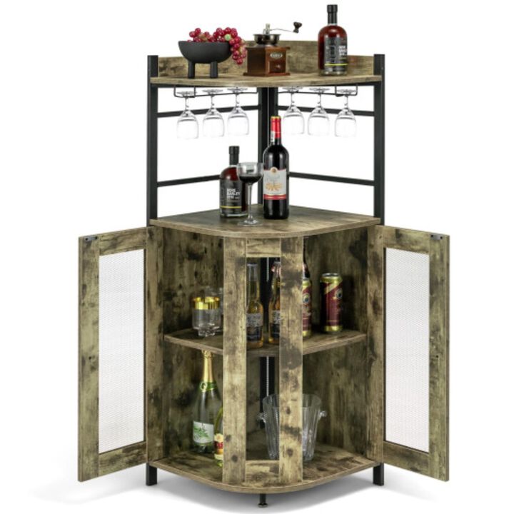 Industrial Corner Bar Cabinet with Glass Holder and Adjustable Shelf-Rustic Brown