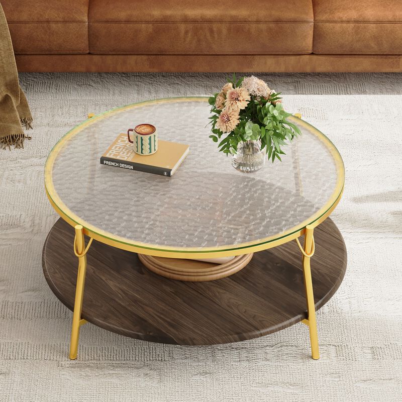 GOODSILO Modern Round Two-Tiered Coffee Table with Glass Top and Gold Metal Base for Contemporary Living Room D&eacute;cor image number 9