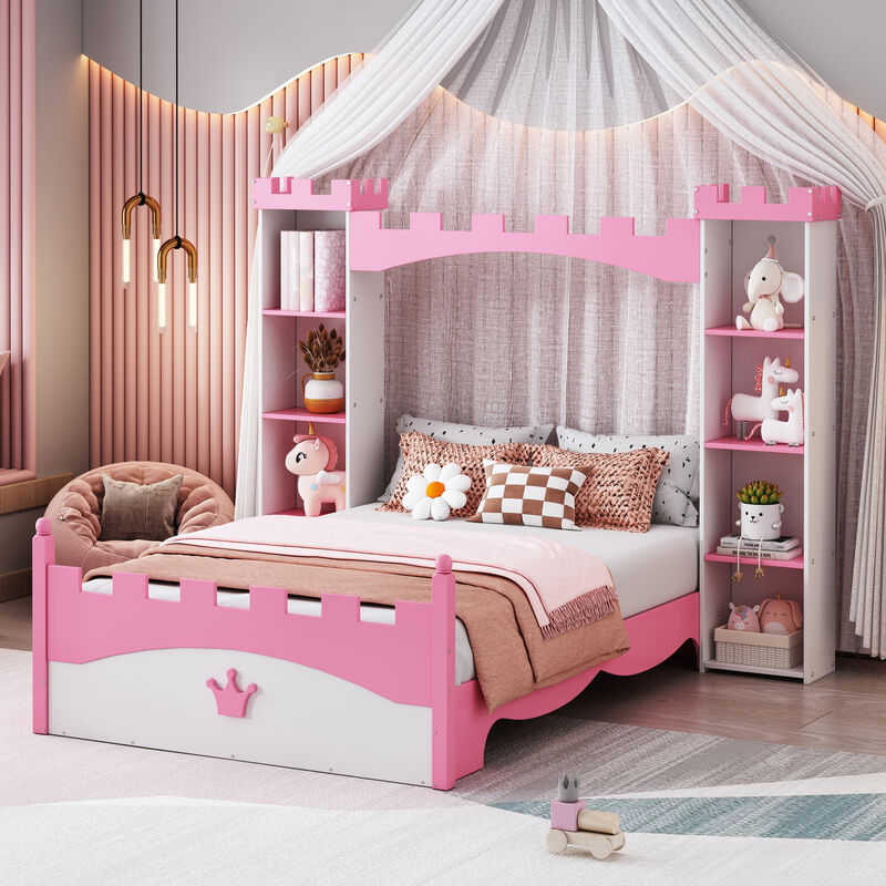 Merax Castle Wooden Bed with Storage Shelf