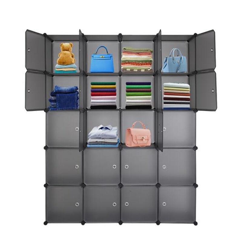 Multi-Functional 20-Cube Plastic Storage Shelves, Modular Closet Organizer with Hanging Rod & Doors