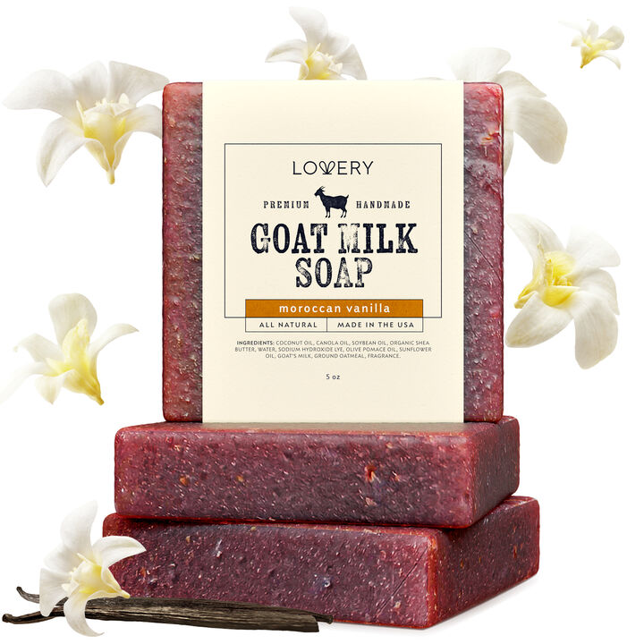 Lovery - Handmade Goat Milk Soap Made in USA with Organic Shea Butter - Moroccan Vanilla Scent - Goats Milk Soap Bars, Oatmeal Soap Base - All Natural Soap Bar
Made with Organic Goat Milk, 3 Pack