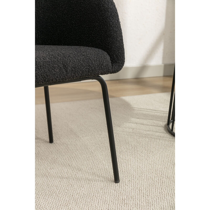 Set of 1 Boucle Fabric Dining Chair With Black Metal Legs, Black
