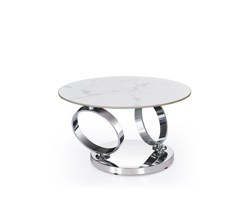 Motion white ceramic top coffee table with stainless steel base