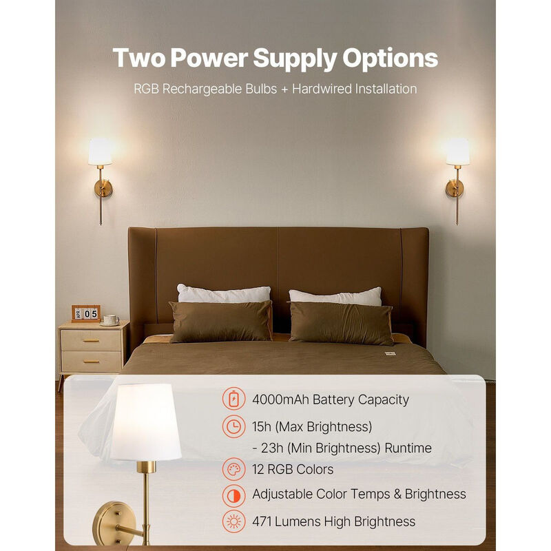 Rechargeable Battery Wall Lights Set of 2 with Remote, 30 Modes & 12 RGB Colors-Gold image number 3