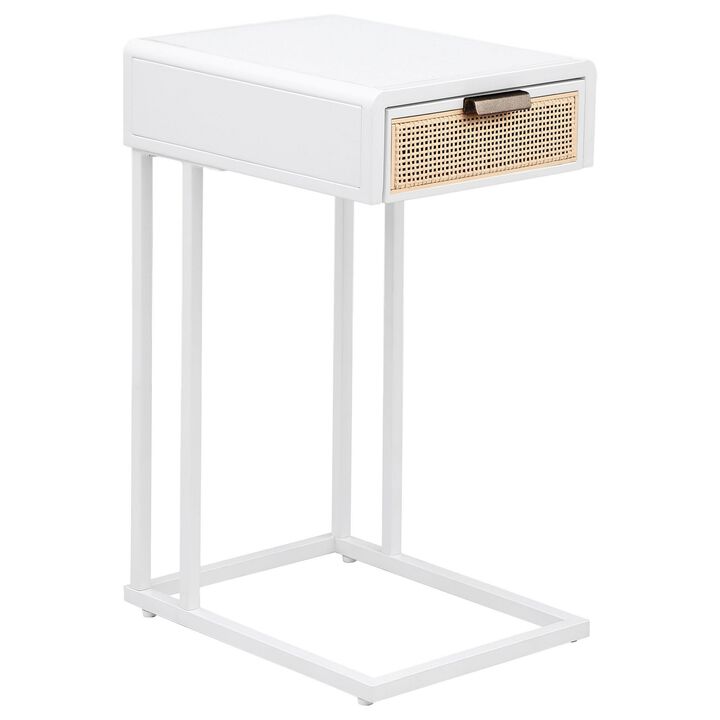 Lanie Side C Table, 1 Drawer, Sleek White Metal Frame, Faux Rattan