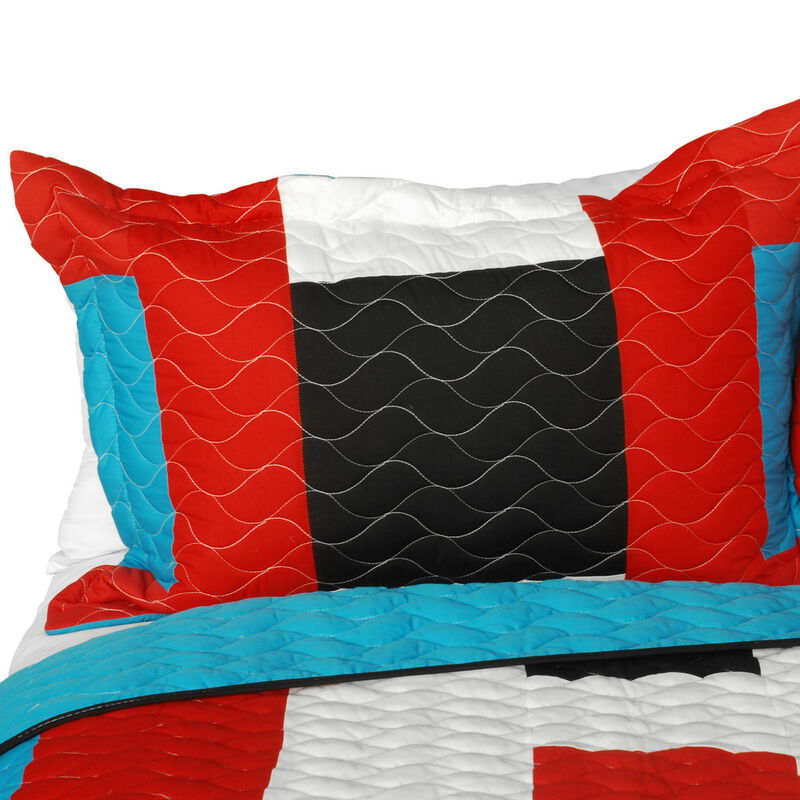 3 Piece Queen Size Patchwork Quilt Set with Quilted Stitching and Decorative Prints-Red image number 2