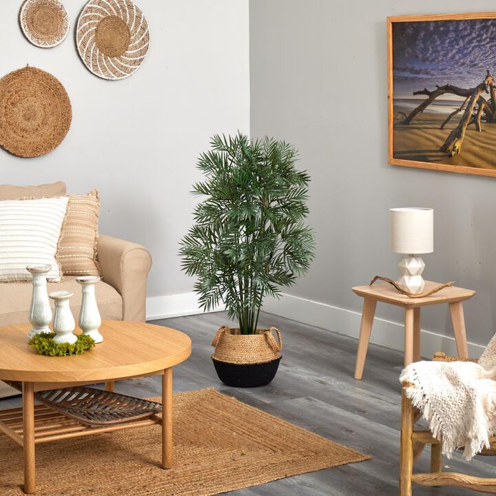 Hivvago 4 Feet Parlor Palm Artificial Tree in Boho Chic Handmade Cotton & Jute Black Woven Planter