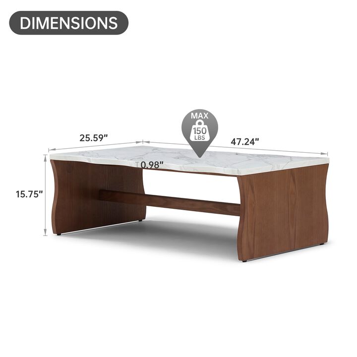Whisper of Waves Modern Coffee Table with Faux Marble Top & Wood Tone Base