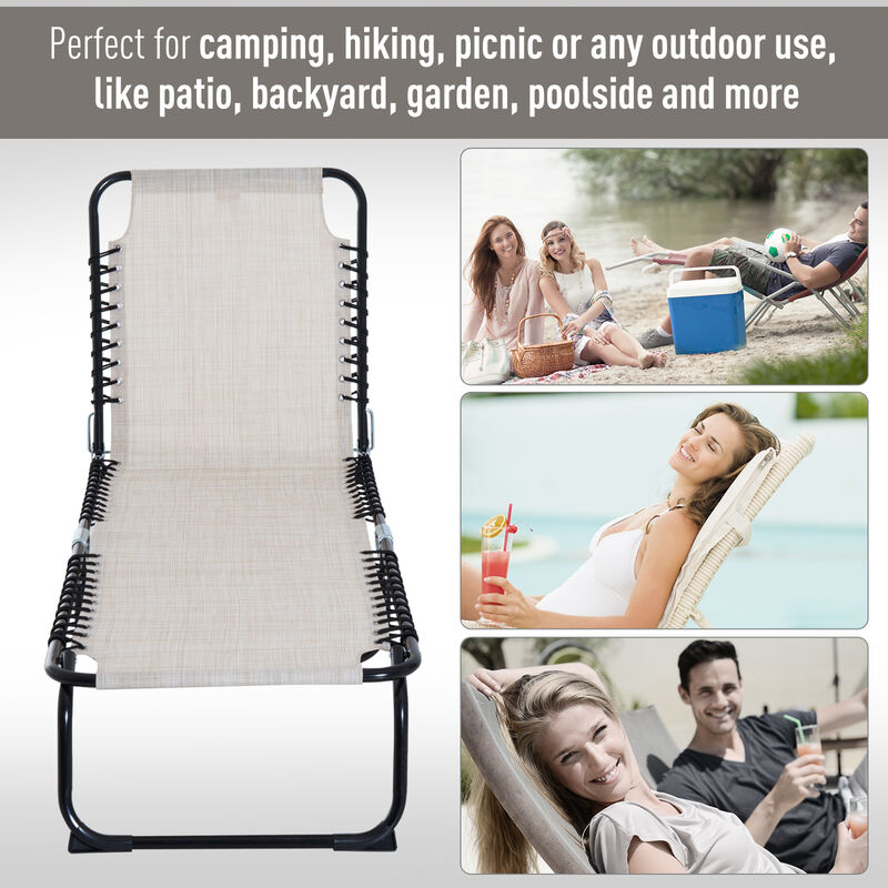 Outsunny Folding Chaise Lounge Pool Chair, Patio Sun Tanning Chair, Outdoor Lounge Chair w/ 4-Position Reclining Back, Pillow, Breathable Mesh & Bungee Seat for Beach, Yard, Patio, Cream White