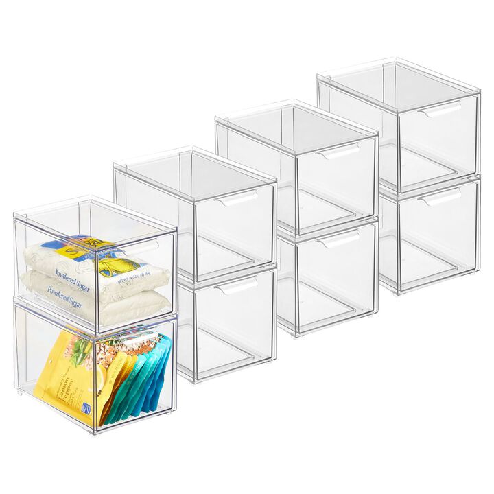 mDesign Plastic Stackable Kitchen Pantry Organizer with Drawer - 8 Pack - Clear