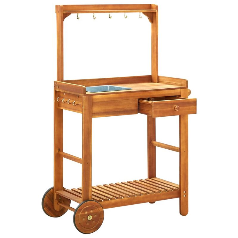 Outdoor Rolling Garden Cart on Wheels, Multi Purpose w Tray, Brown - Benzara