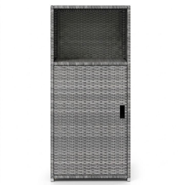 Outdoor PE Wicker Storage Cabinet with Door and Open Shelf Compartment for Patio Organization