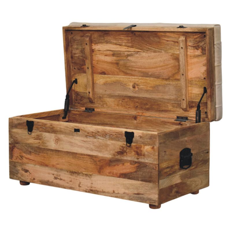 Artisan Furniture Solid Wood Beige Buffalo hide leather Storage Trunk