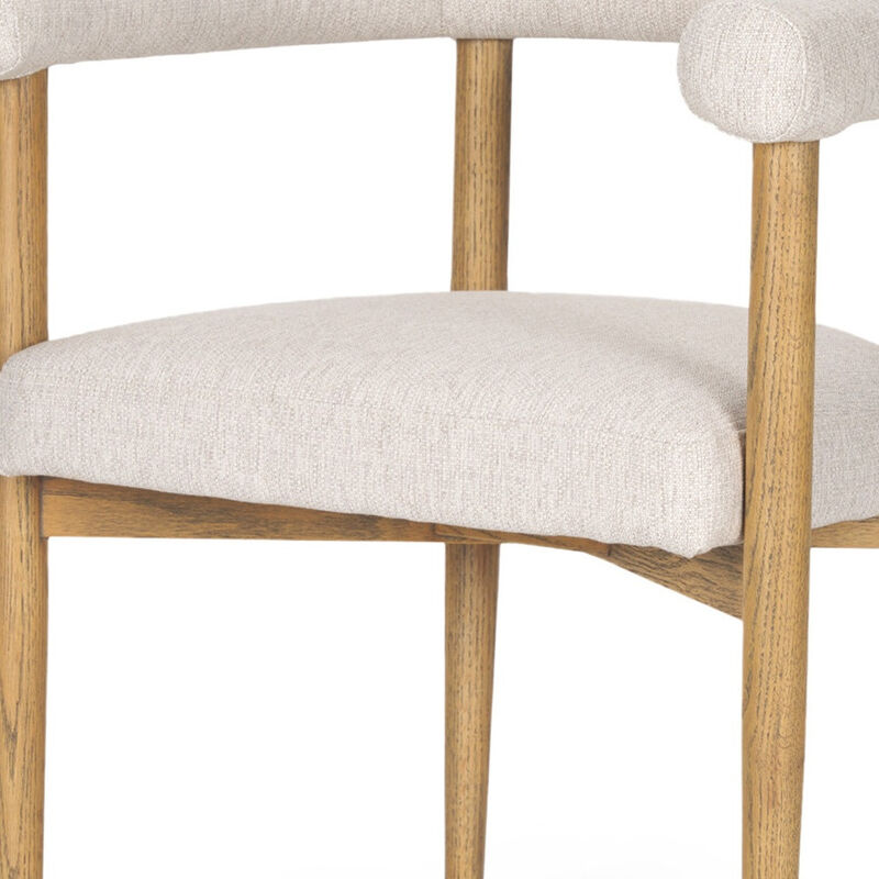 HomeRoots Beige and Brown Upholstered Cushion And Solid Wood Open Back Dining Arm Chair