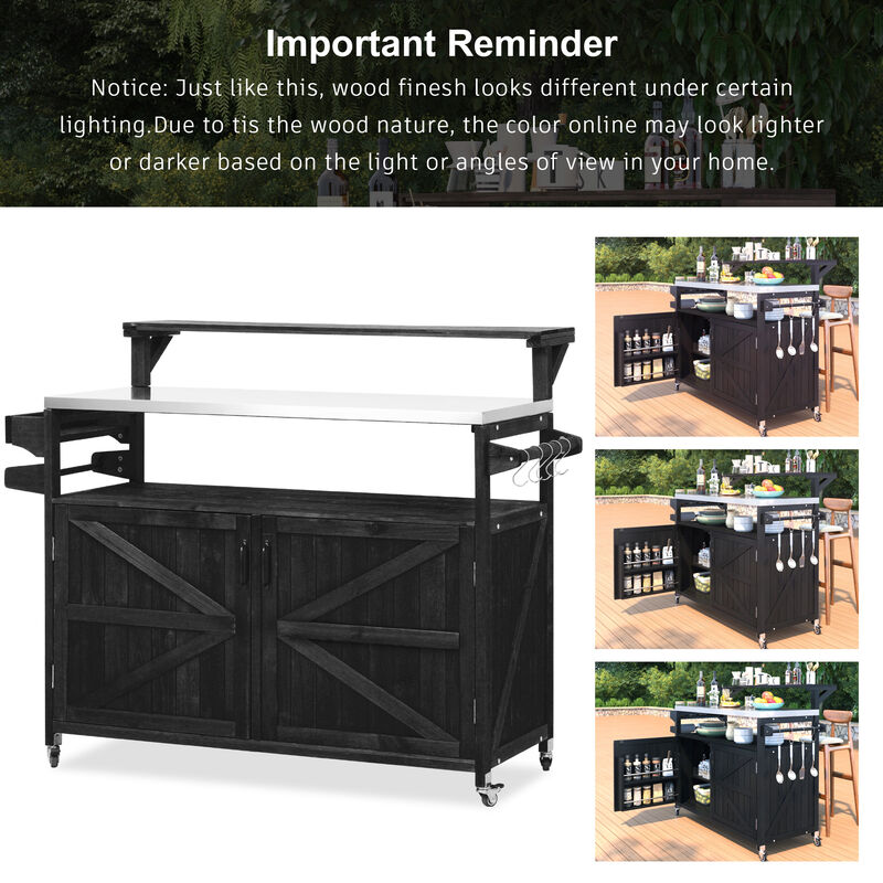 Whisen Outdoor Kitchen Island with Raised Shelf, Stainless Steel Top, Solid Wood Cabinet, Rolling Grill Cart image number 6