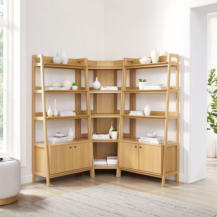 Modway Bixby 3-Piece Corner Bookshelf Set with Wide Bookshelves in Oak &ndash; 12-Tier Wood Bookcases with Open Shelves and Base Cabinets for Living Room, Bedroom, Or Home Office