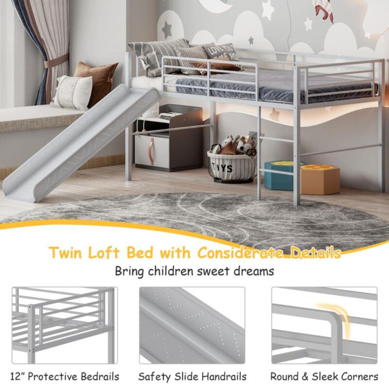 Hivvago Twin Metal Loft Bed with Slide Safety Guardrails and Built-in Ladder
