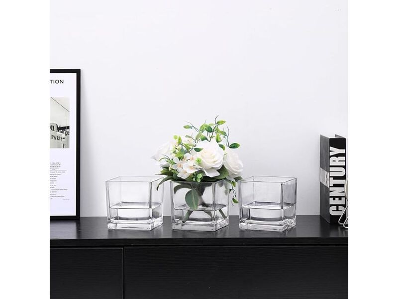 Set of 6 Clear Square Glass Vases &ndash; 4" Cube Centerpieces