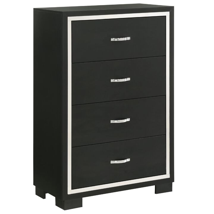 Geny Tall Dresser Chest, 4 Drawers, Silver Trim and Metal Handles, Black