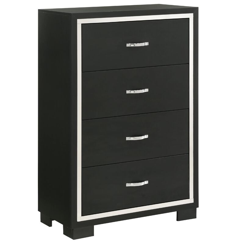 Geny Tall Dresser Chest, 4 Drawers, Silver Trim and Metal Handles, Black
