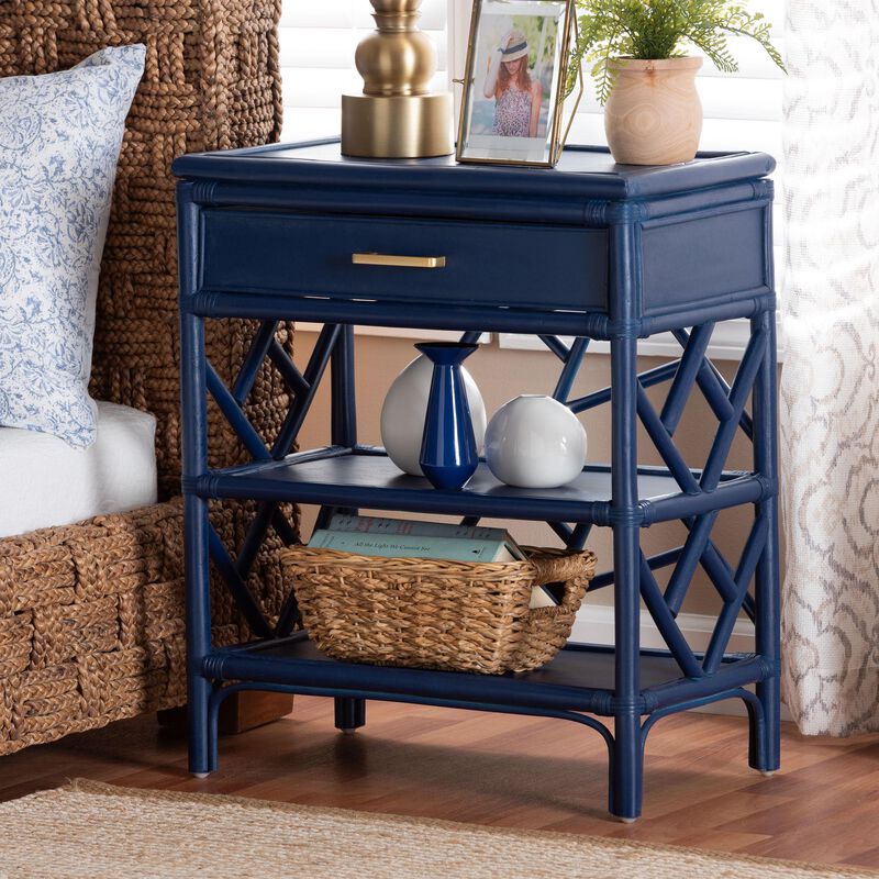 bali & pari Daina Natural Rattan Nightstand with Drawer and Open Shelves– Coastal Bedside Table with Geometric Design, Blue