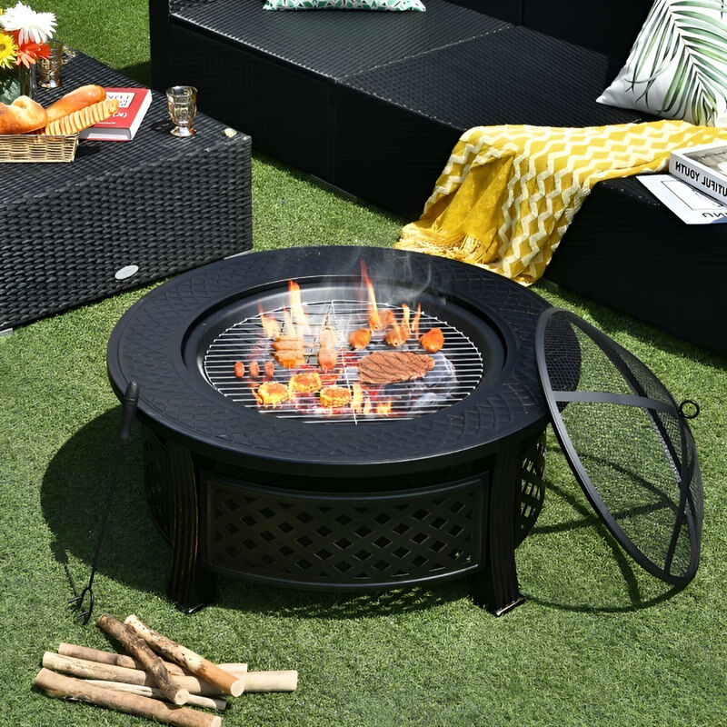 Multifunction Rustic Steel Fire Pit with BBQ Grill and Safety Mesh Cover