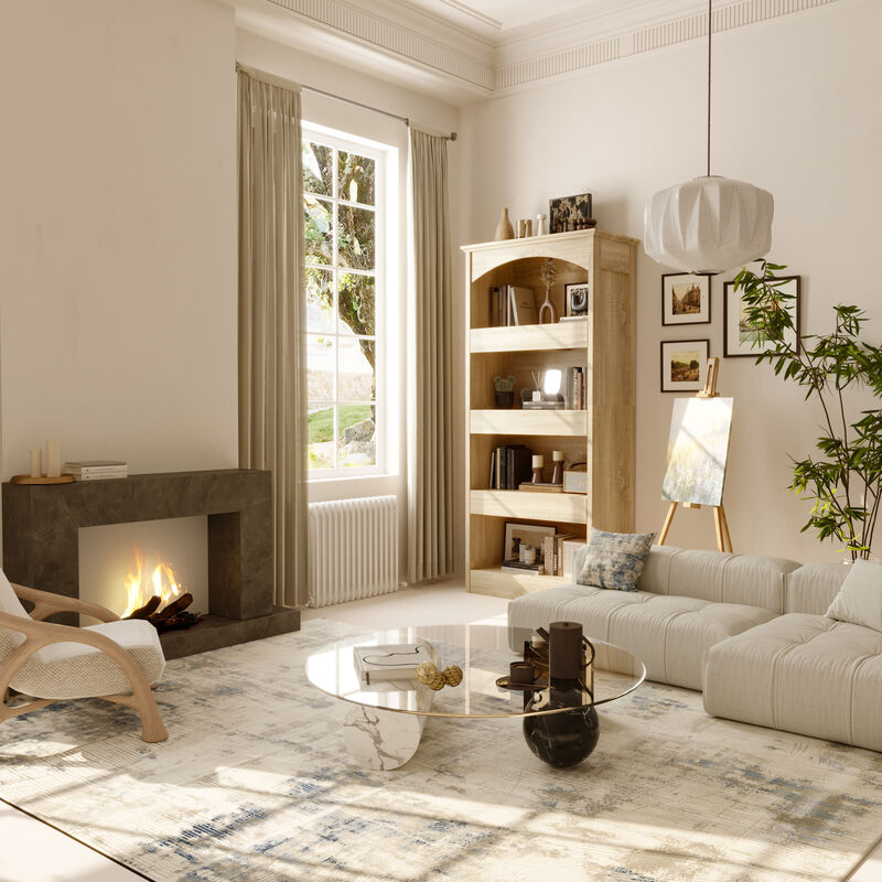 FUFU&GAGA Modern Display Shelf with Hidden Storage Drawers, 4-Tier Open Shelving Unit, Arched Painted Top & Wood Grain Finish, (31.4 in. W x 16.5 in. D x 70.1 in. H), Wood Look