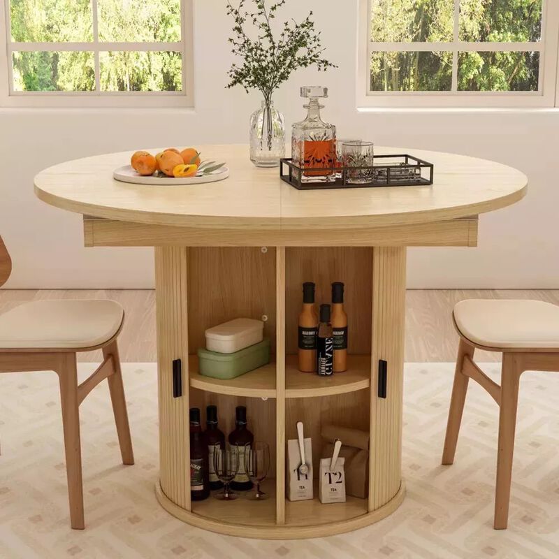 63" Extendable Round Kitchen Dining Room Table with 2-Tier Storage Shelf, with Pedestal Base
