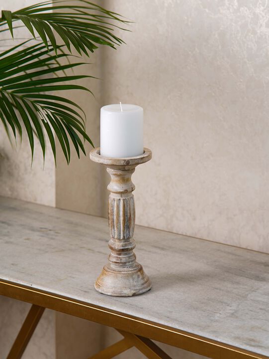 Traditional Antique White Eco-friendly Handmade Mango Wood Set Of One 9" Pillar Candle Holder