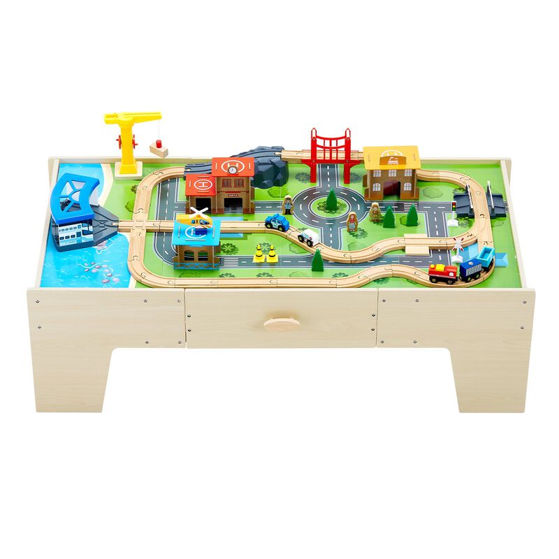 Kids Train Table with 62 Piece Wooden Train Set and Storage Drawer image number 0