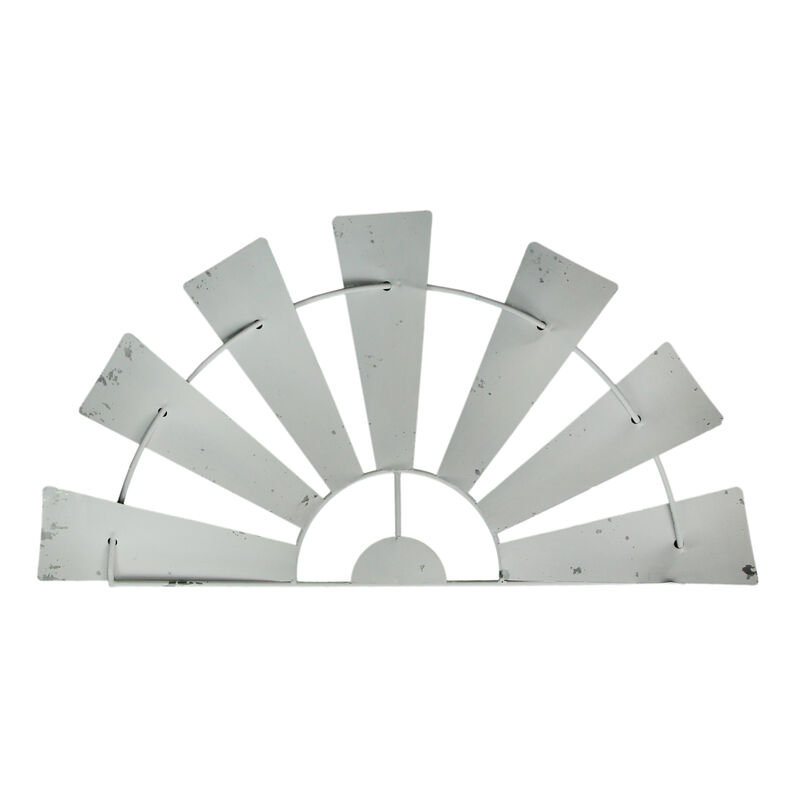 24 Inch Weathered White Metal Half-Windmill Wall Sculpture Rustic Home Decor Art image number 0