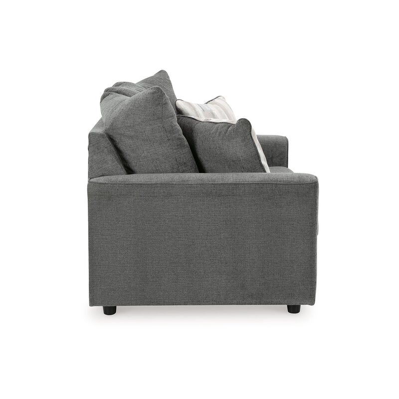 Ratty Loveseat, 63 Inch Gray Polyester, Welt Trims, 2 Throw Pillows