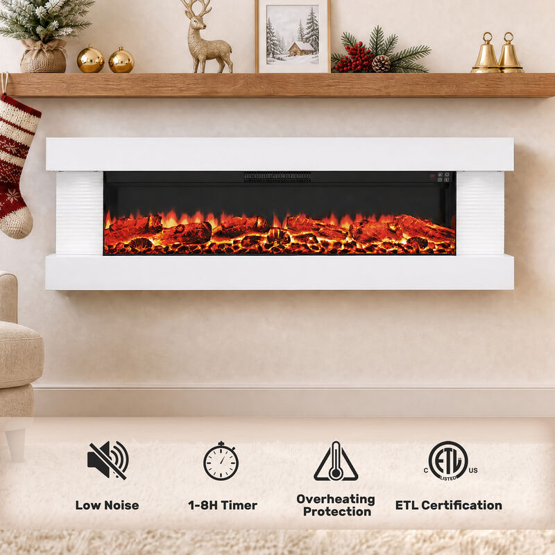 Mondawe Stylish Electric Fireplace Integrated 3-Sided Fireplace with 60" Suspended Light Mantel with Remote Control, White image number 6