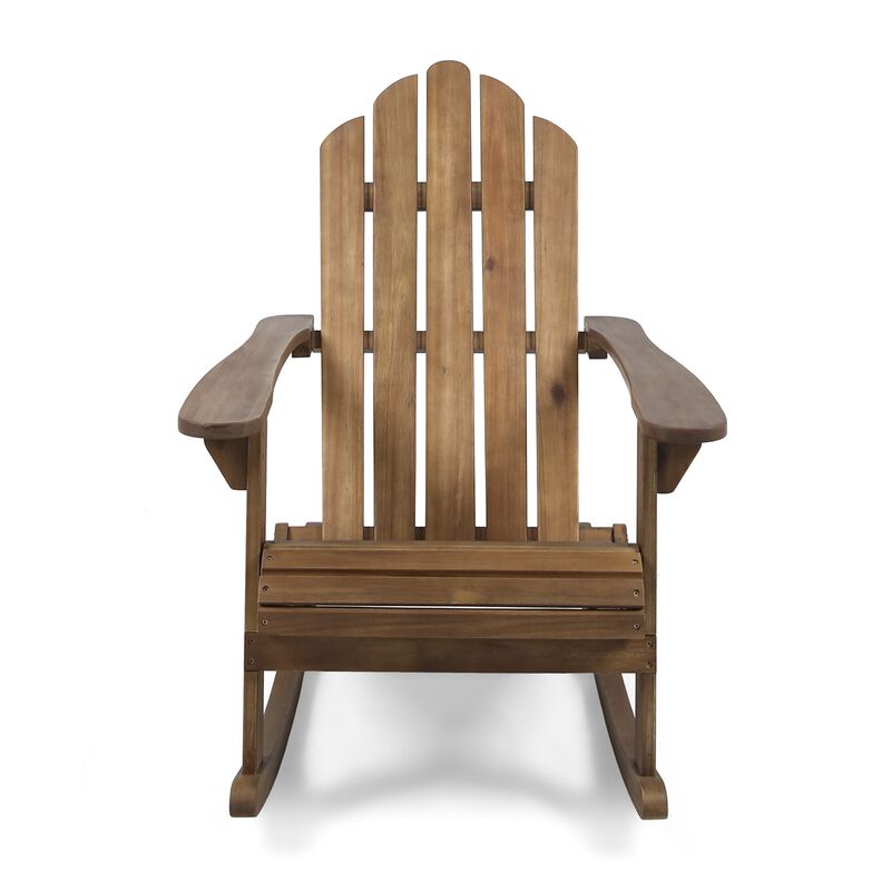Outdoor Adirondack Rocking Chair, Slatted Back, Slope Arms, Dark Brown Wood - Benzara