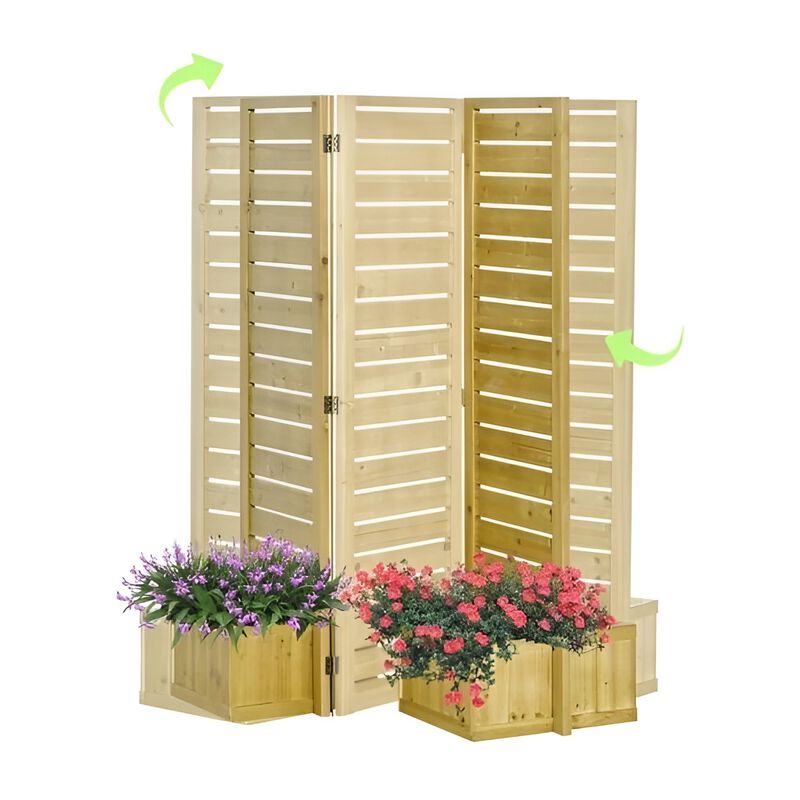 Weather-Resistant Wooden Privacy Screen – Outdoor 3-Panel Fir Divider with 4 Planters