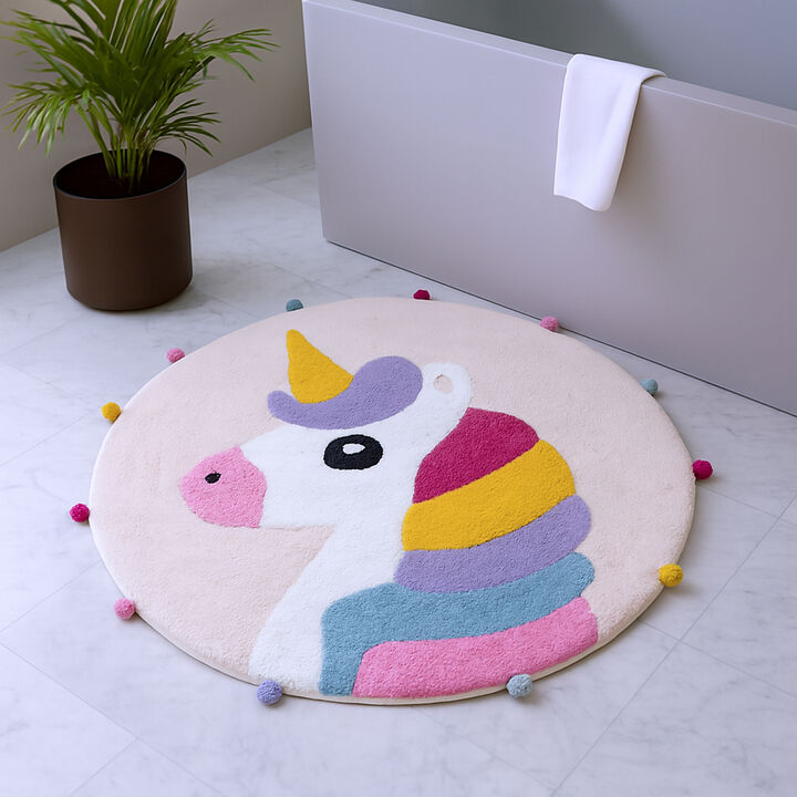HomeRoots 32" Pink And Yellow Cotton Unicorns Round Youthful Bath Rug