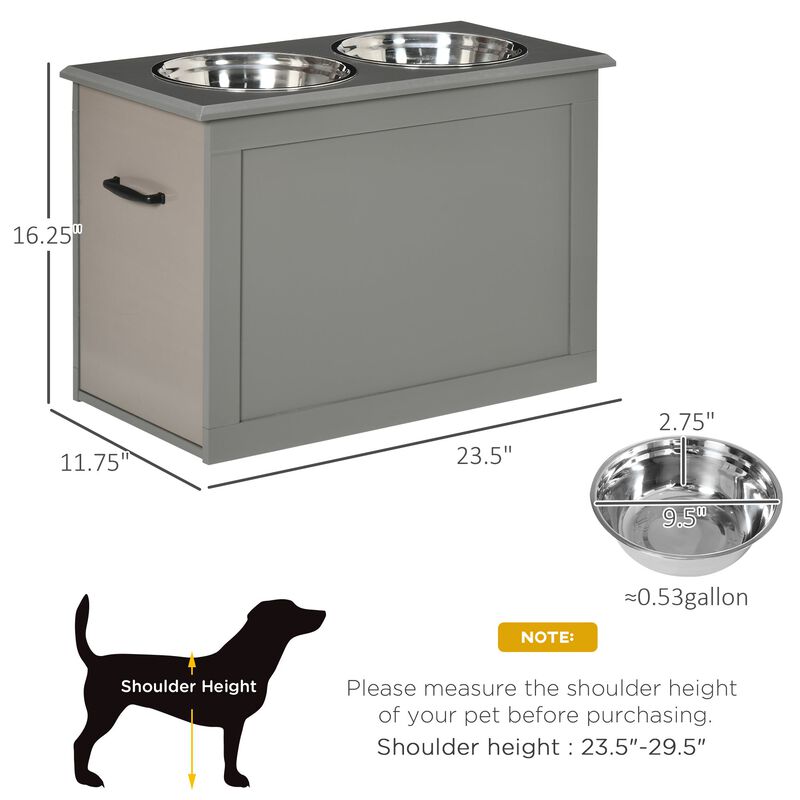 Raised Pet Feeding Storage Station with 2 Stainless Steel Bowls Base for Large Dogs and Other Large Pets, Gray