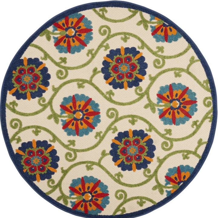 HomeRoots 4' Navy Blue Beige Green Blue And Red Round Floral Indoor Outdoor Area Rug