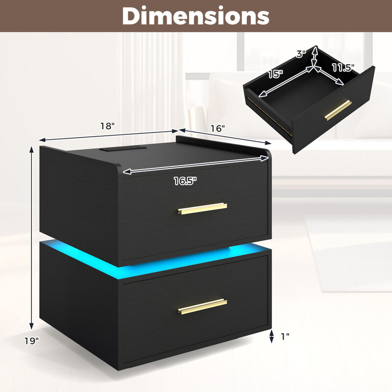 Modern Nightstand with LED Light, Charging Station and 2 Storage Drawers image number 2