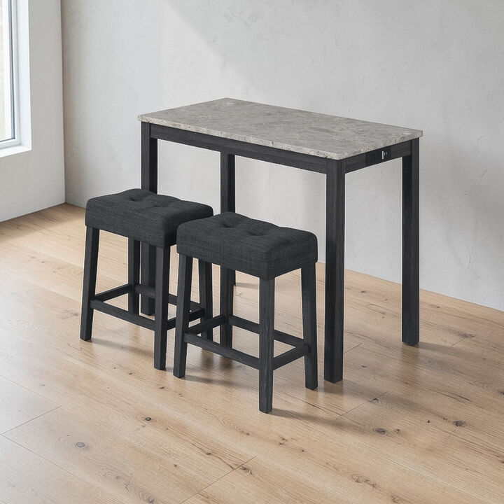 Bar Table Set with Charging Station and Faux Marble Top - 3-Piece Set