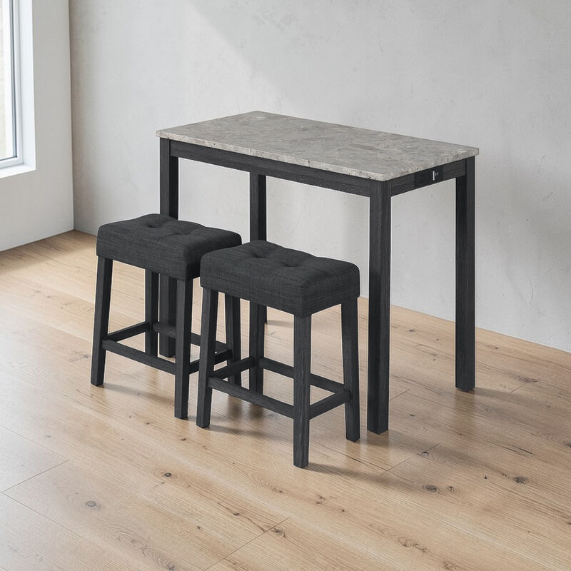 Bar Table Set with Charging Station and Faux Marble Top - 3-Piece Set image number 1