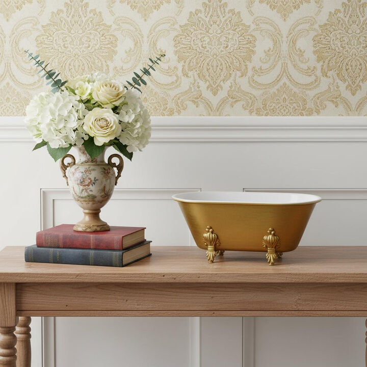 HomeRoots 12" Gold And White Metal Hand Painted Decorative Tub