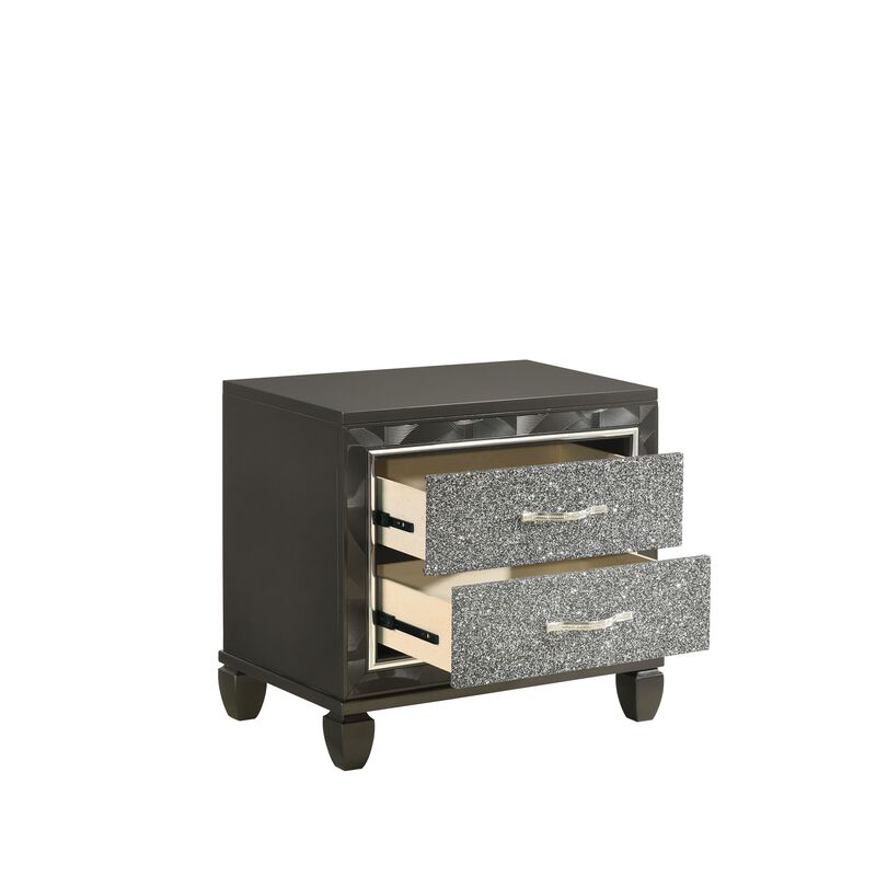 Ren 28 Inch Nightstand with 2 Glitter Front Storage Drawers, Black, Silver - Benzara