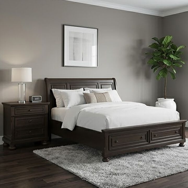 Queen Size Bedroom Set, Brown Finish, Storage Bed with Drawers, 2-Piece Set with Bed and Nightstand