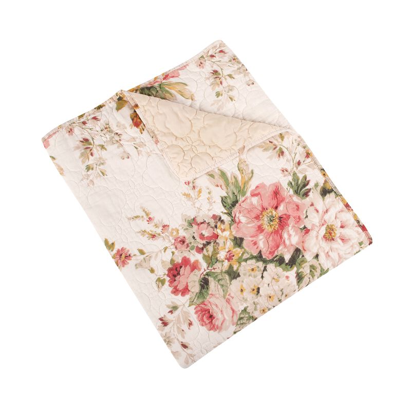 Givi Throw Blanket with Unique Floral Pattern, Buttercup Beige Cotton - Benzara