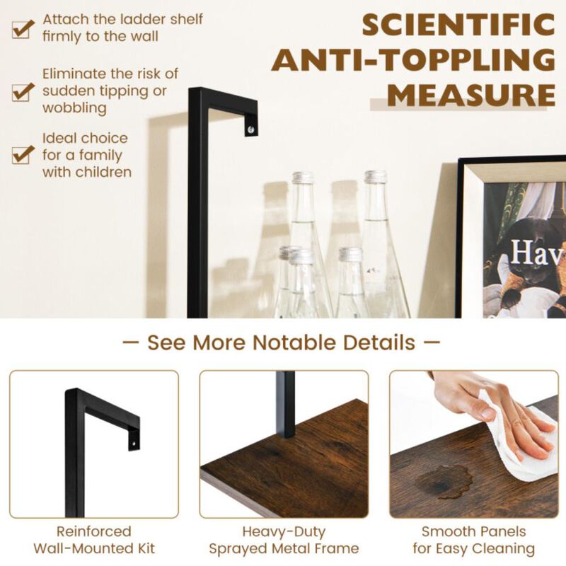 Hivvago 5 Tier Ladder Shelf Wall-Mounted Bookcase with Steel Frame